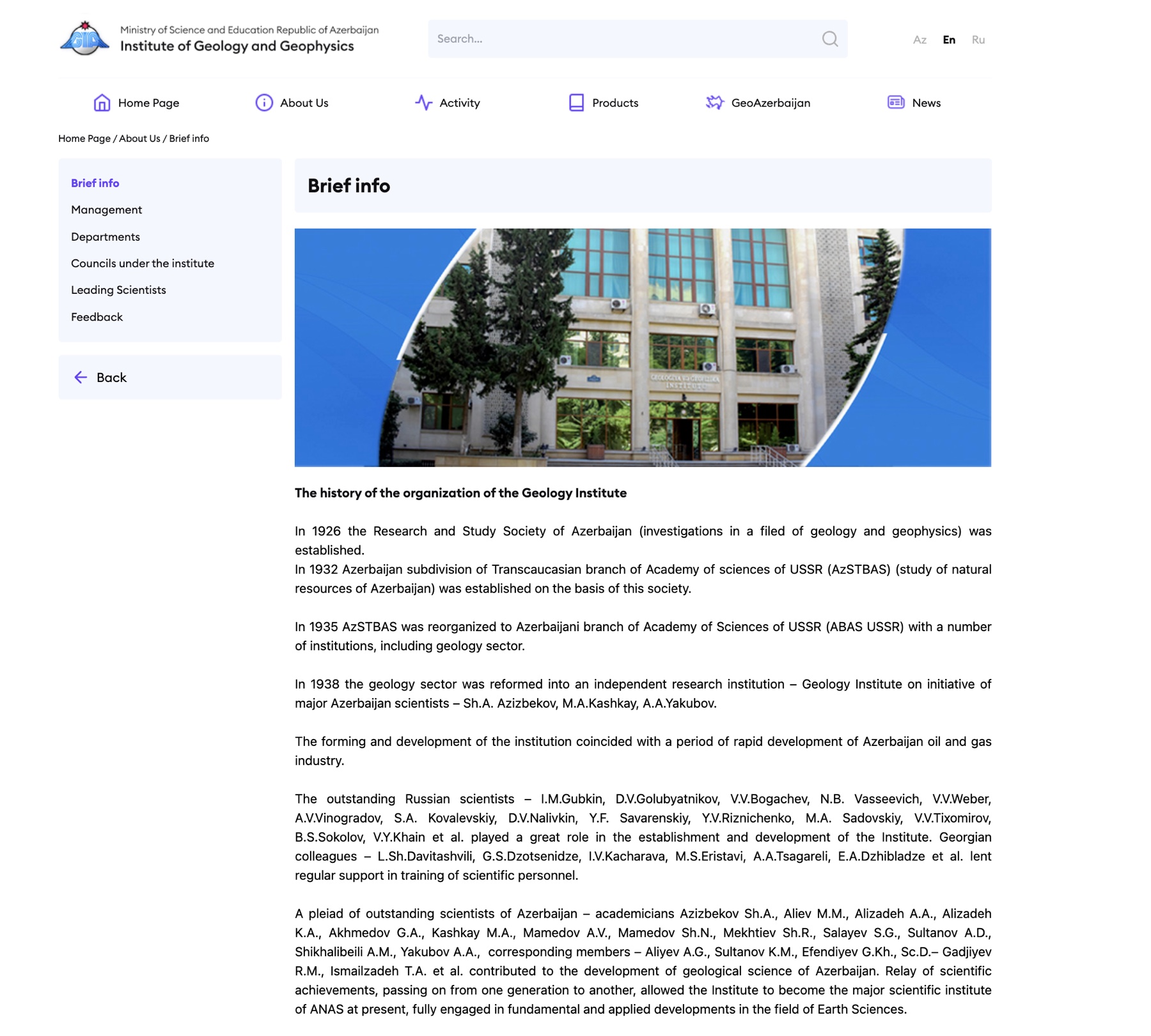 Brief info page — the history of the Institute of Geology