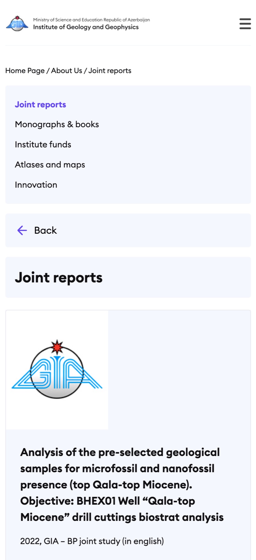 Joint reports page on mobile — Azerbaijani locale, hamburger navigation