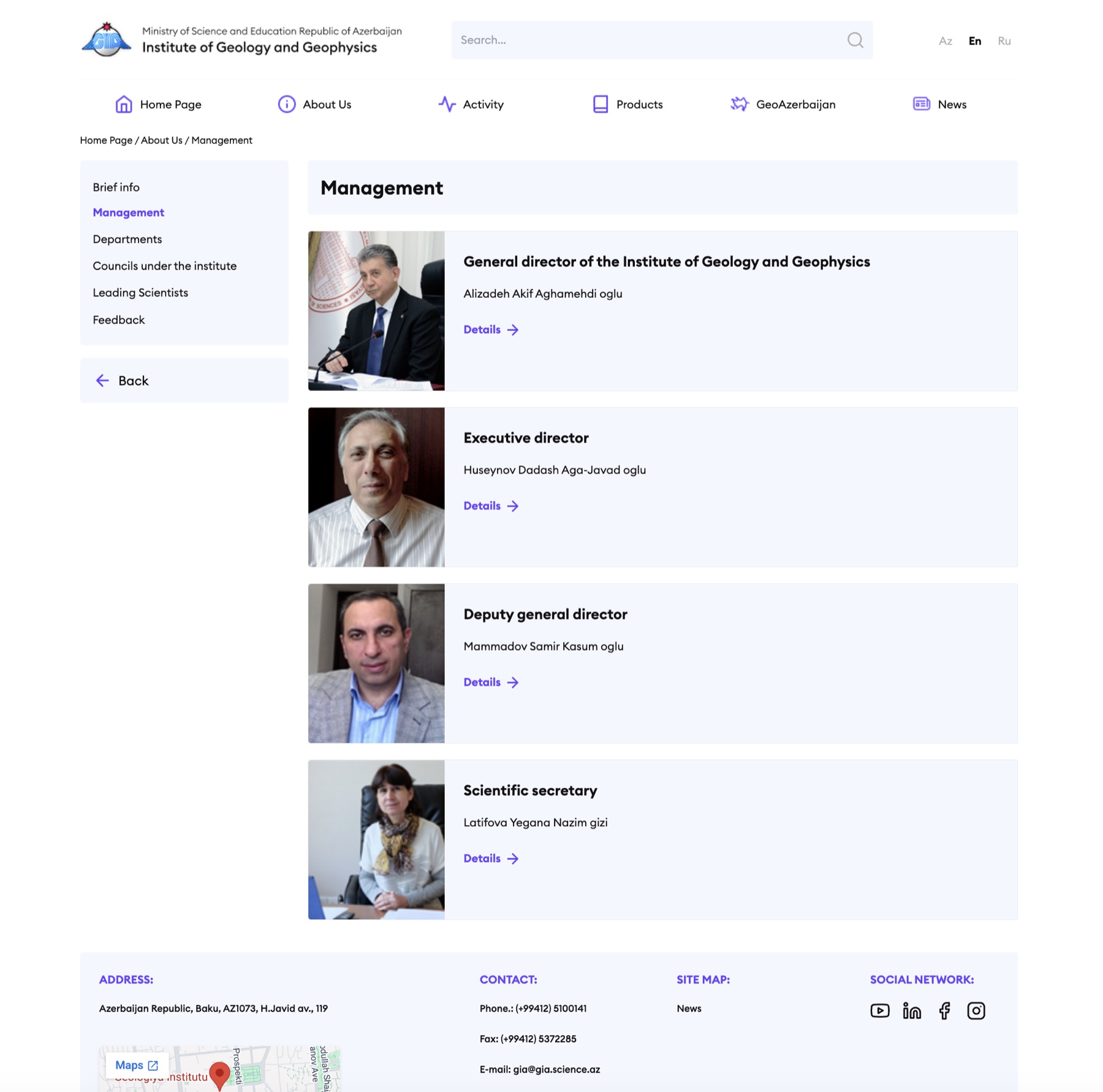 Management page — director, executive director, deputy, and scientific secretary