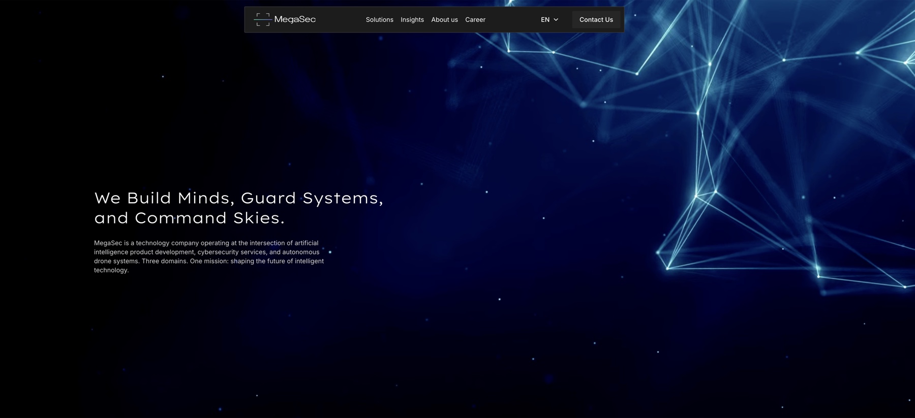 MegaSec homepage hero — We Build Minds, Guard Systems, and Command Skies