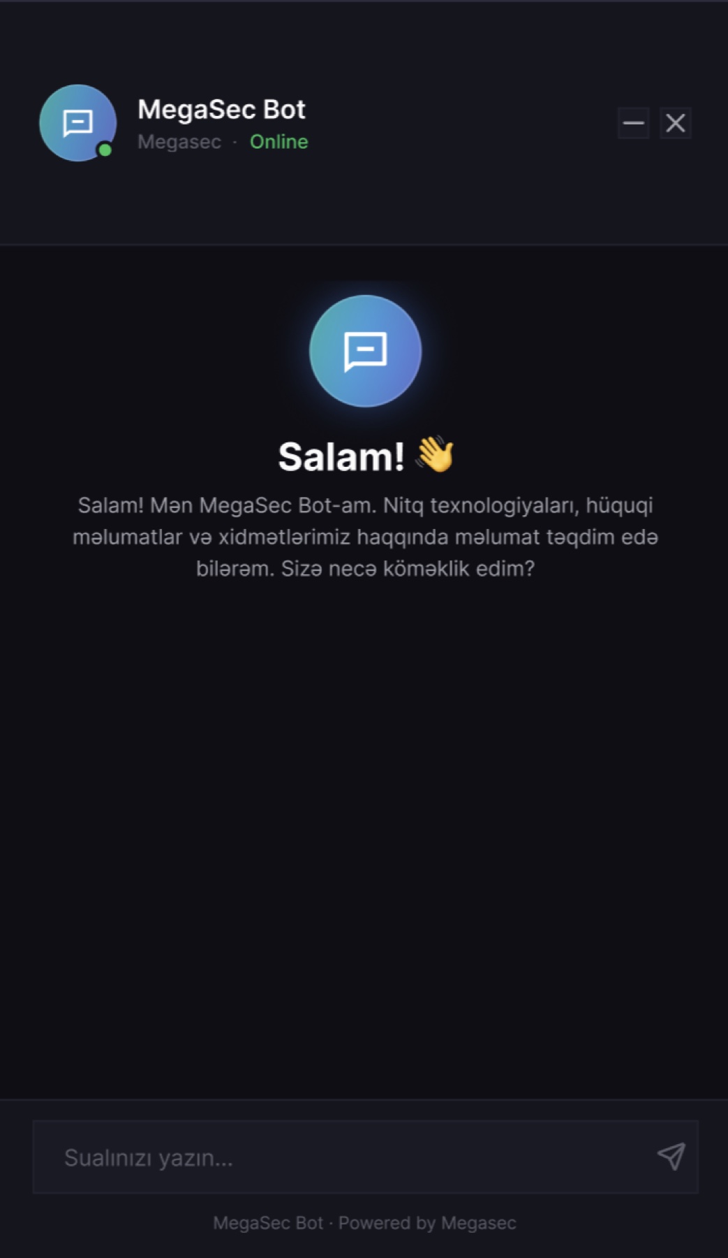 MegaSec Bot — Azerbaijani-language AI assistant, greeting state