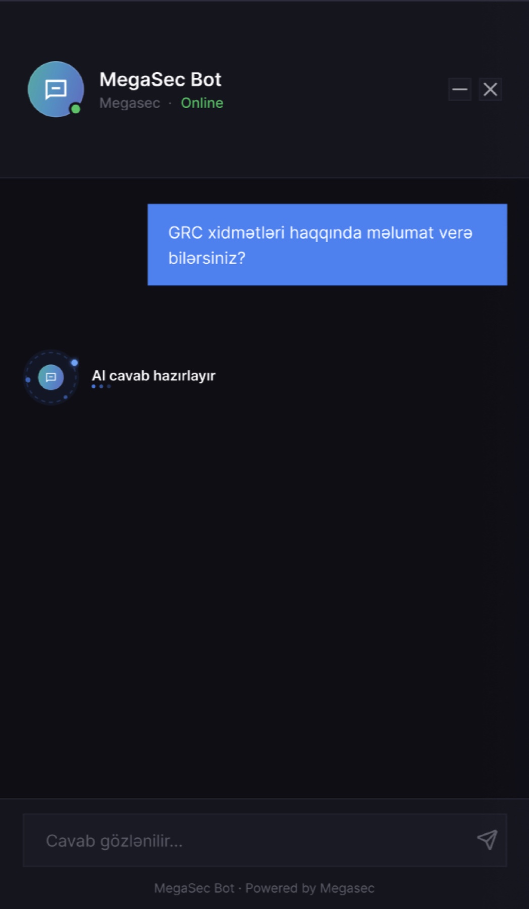 MegaSec Bot answering a GRC services question in real time