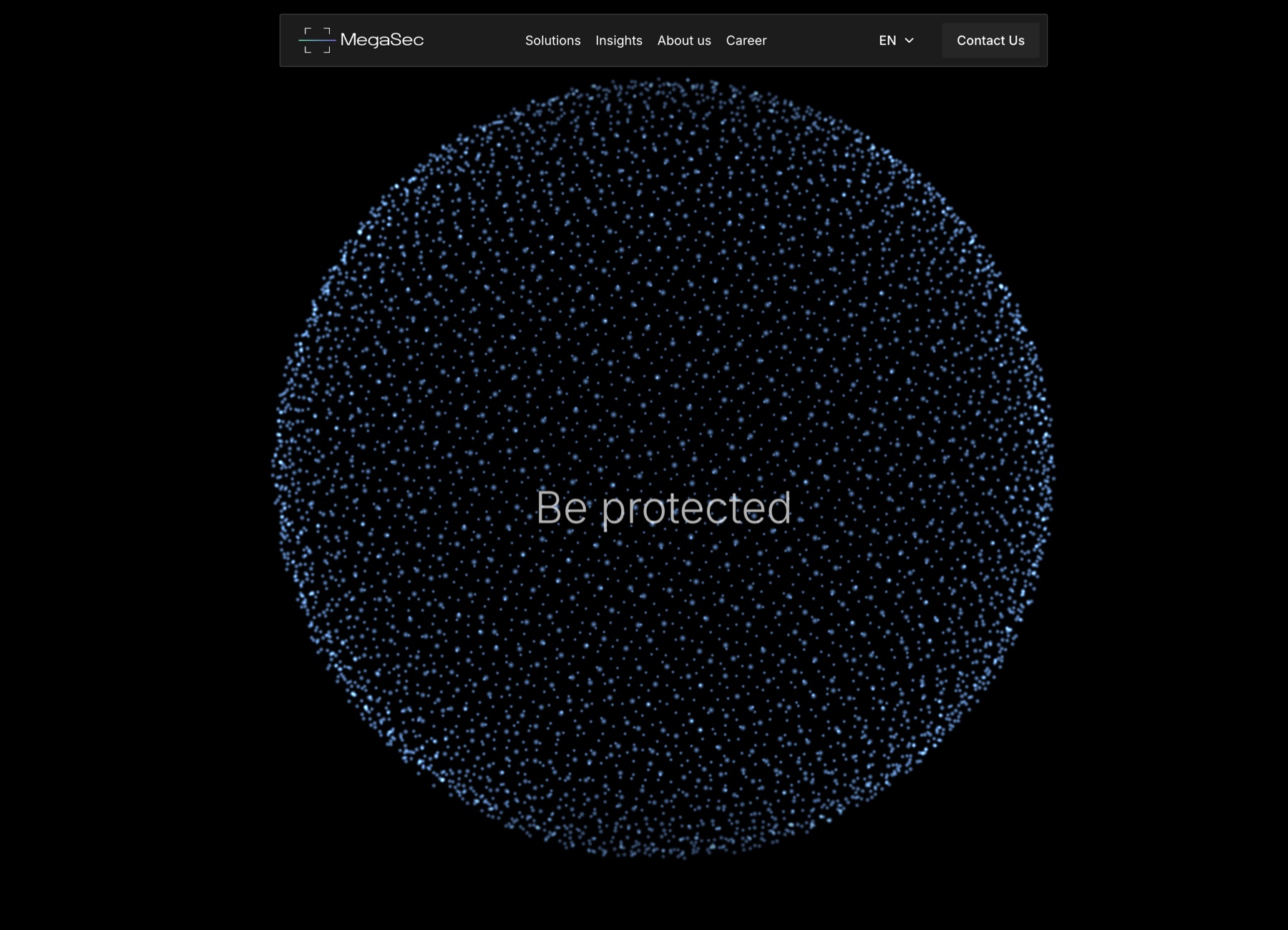 Cybersecurity division landing — particle sphere with Be Protected message