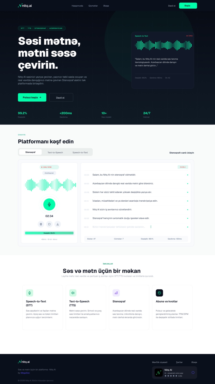 Nitq.ai homepage — hero, platform discovery, and capabilities, top to bottom