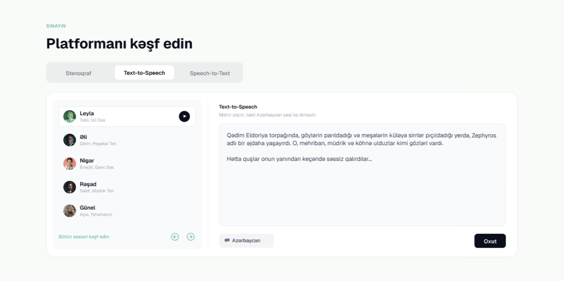 Text-to-speech panel with five Azerbaijani voices