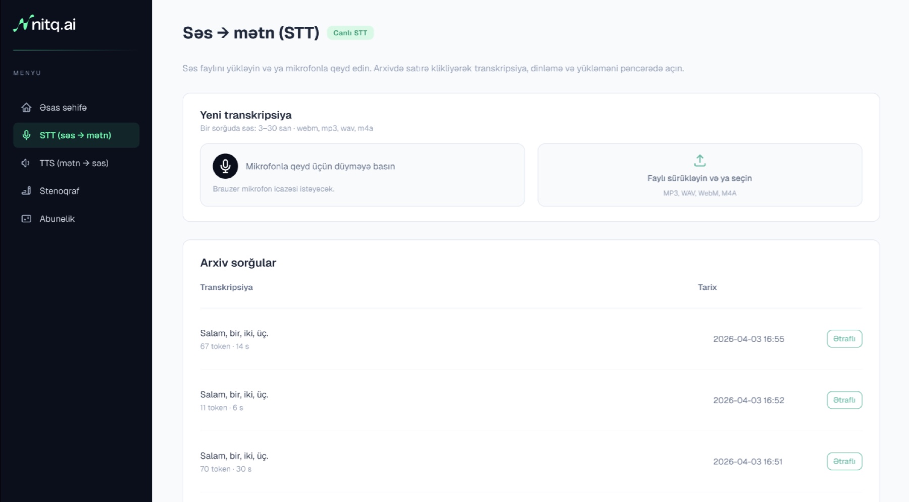 Authenticated STT workspace with sidebar and request archive